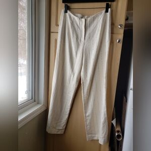 Linen Blend Cream Pinstripe Tapered Pants